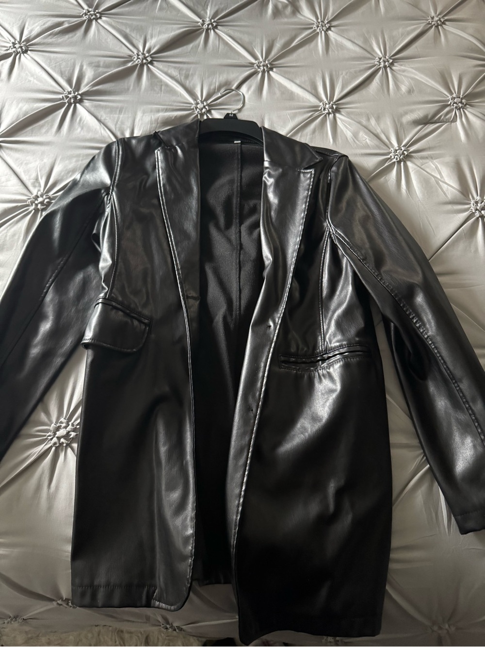 Women’s Black Faux Leather Long Blazer Jacket
